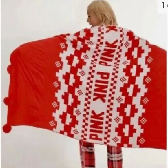 PINK vs red/white Marshmallow knit plush fleece throw blanket 50 x60 twin