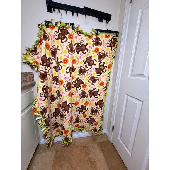 Little Monkey Baby Fleece Fringed Blanket Bright Flowers Hearts 52x58 Throw