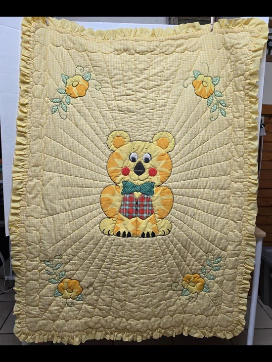Vintage Handmade Teddy Bear Crib Quilt Blanket - Yellow Gingham