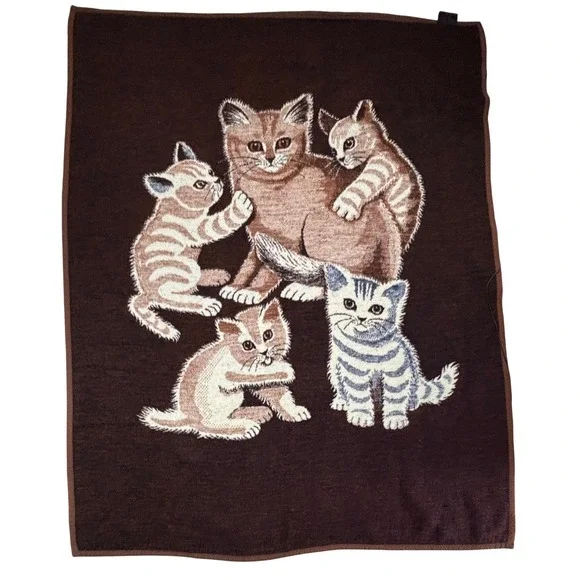 Vintage Biederlack Blanket Cats Kittens Reversible Plush West Germany 72