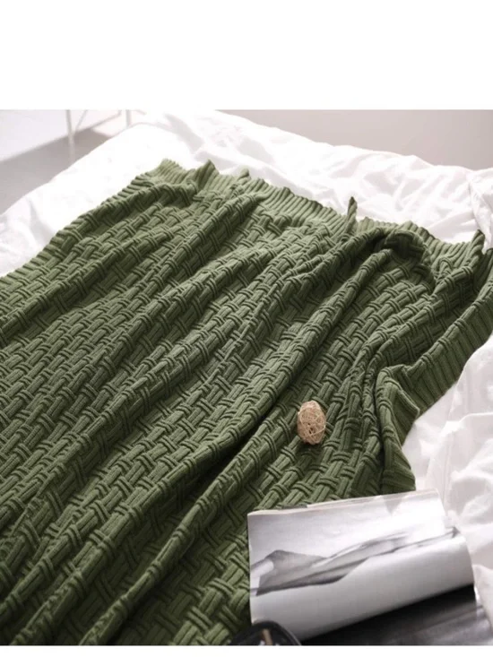 Cable Knit Throw Blanket 100% Cotton FOREST GREEN