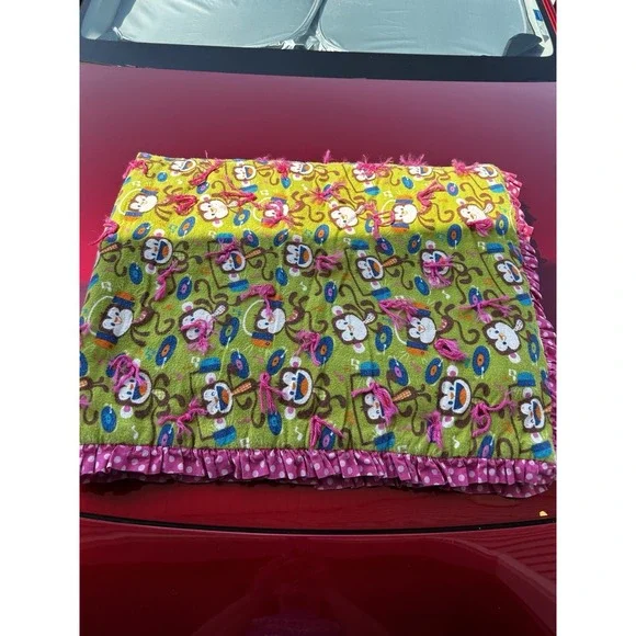 Handmade Fleece Tie Blanket 52x42 Green Sock Monkey Print Double Sided Pink