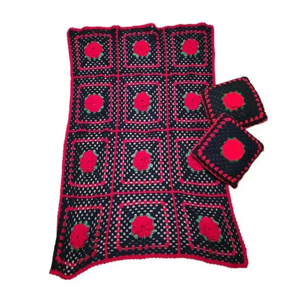 Handmade Crocheted Granny Square 3D Rose Floral Afghan Blanket 57”X38” & Pillow