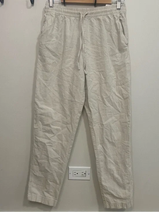 H&M Women’s Straight Leg High Waisted Drawstring Linen-Blend Pants - Cream