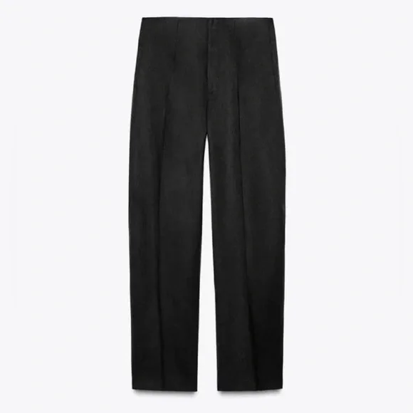 ZARA LINEN BLEND HIGH RISE STRAIGHT LEG PANTS TAILORED FIT Black S