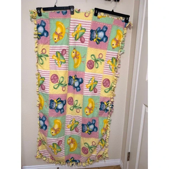 Handmade Fleece Tie Blanket Baby Duck Teddy Bear Pink Yellow Blue 56x32 Throw