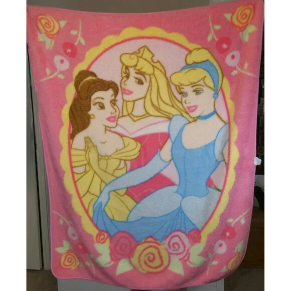 RARE Disney Princesses Vintage Plush Blanket Cinderella Rapunzel Belle Pink