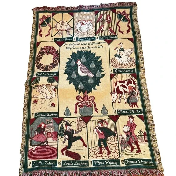 Vintage Twelve Days Of Christmas Throw Blanket Tapestry Size 70 X 46
