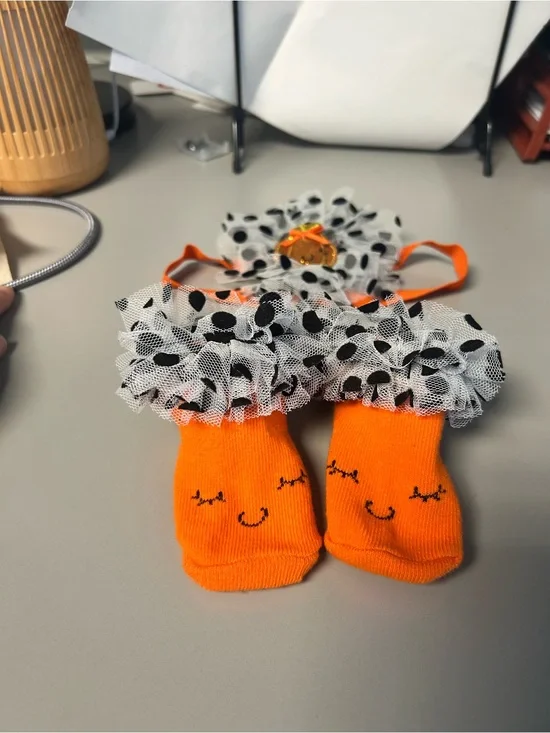 Cute Orange Ruffled Baby Socks & headband with Black Polka Dot Trim