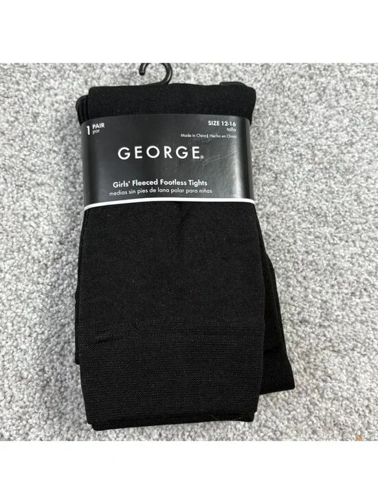 George Girls Fleeced Footless Tights Size 12-16 Black 91% Polyester 9% Spandex