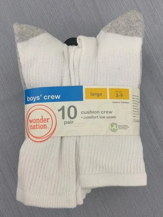 BOYS CUSHION CREW SOCKS LG 3-9 NEW WHITE 10 PAIRS Wonder Nation