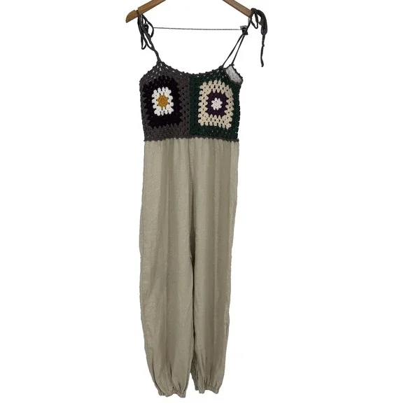 Zara Womens Crochet Linen Harem‎ Pant Jumpsuit M Granny Square Boho Festival