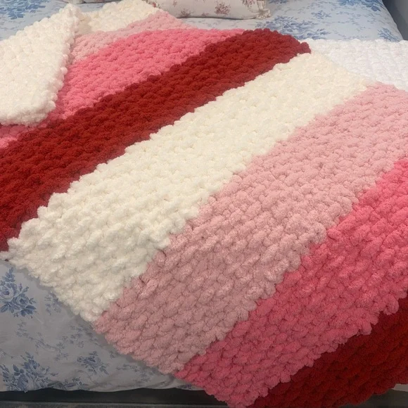 Valentines Inspired Cozy Striped Jumbo Chunky Chenille Hand Knit Blanket