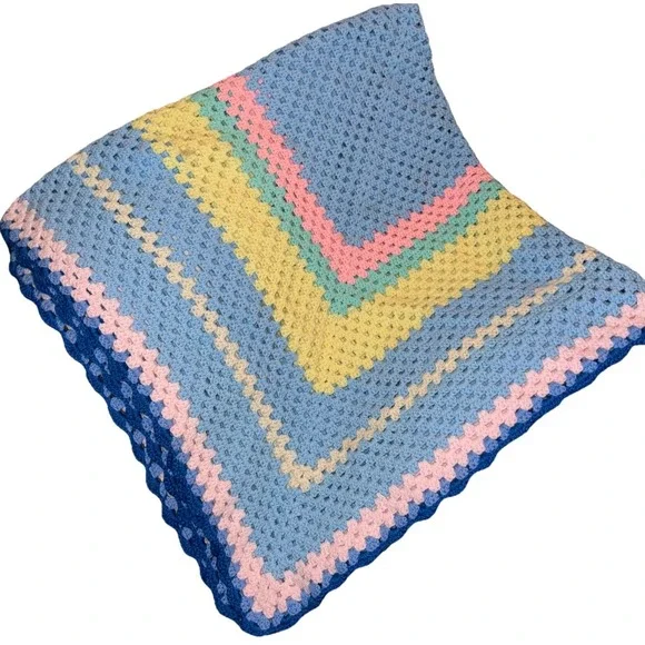 Handmade Crochet Afghan Baby Toddler Blanket Throw Pastel Grannycore  65 X 60