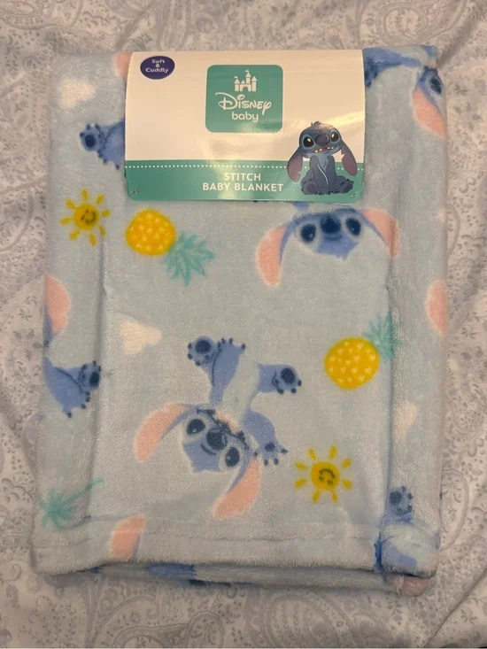 Disney Baby Light Blue Stitch Plush Blanket with Yellow Pineapple Accents