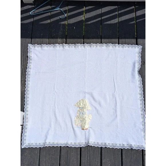Vintage set Embroidered Baby Blanket with Lamb and Heart Balloons lace edges