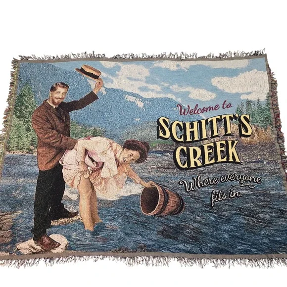Schitts Creek Woven Tapestry Throw Blanket Welcome Town Sign Fringed 64x48 Decor