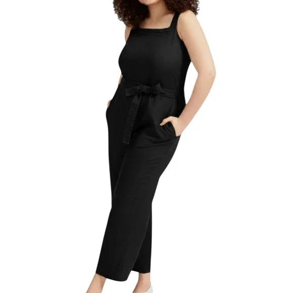 EVERLANE Black Linen Overalls Jumpsuit SQUARE NECK w/BELT Pockets Wide Leg SZ 2