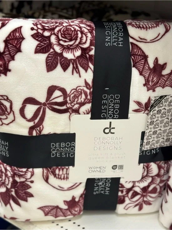 Deborah Connolly Designs Plush Queen Blanket - White with Burgundy Floral Print