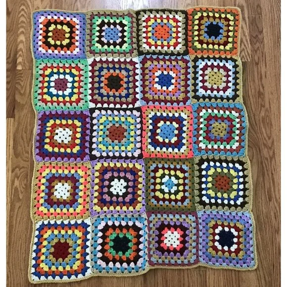 VINTAGE Afghan‎ Crochet Granny Square Blanket Handmade Throw Quilt