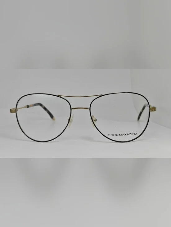 BCBGMAXAZRIA Call Aviator Eyeglass Frames in Black and Gold. Feminine.
