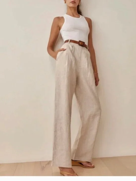 Reformation Earl Linen Pleated High Waisted Wide Leg Trouser Pants Oatmeal Beige