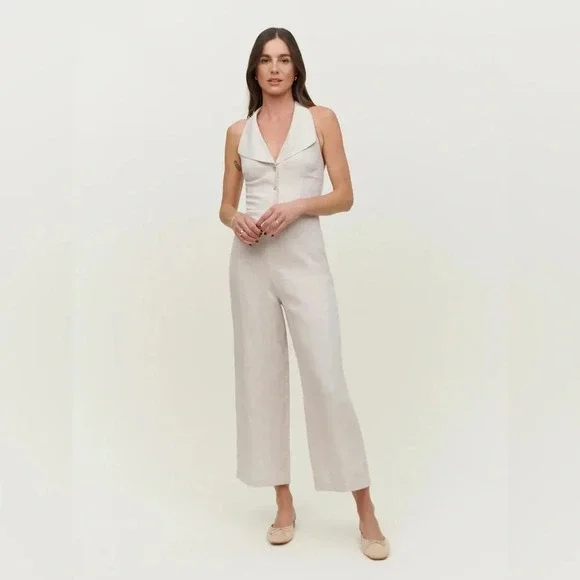 Reformation Billie Linen Halter Wide Leg Jumpsuit Oatmeal Button Front Size 6