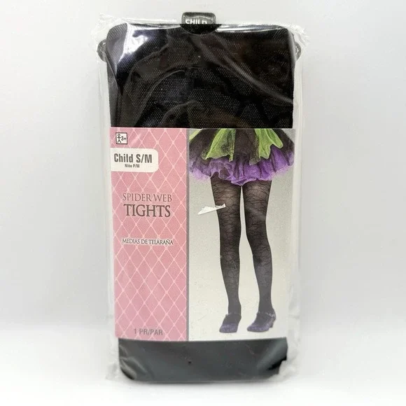Child S/M Spider Web Tights Black Costume Hosiery Halloween Up‎ to 65 lbs NWT