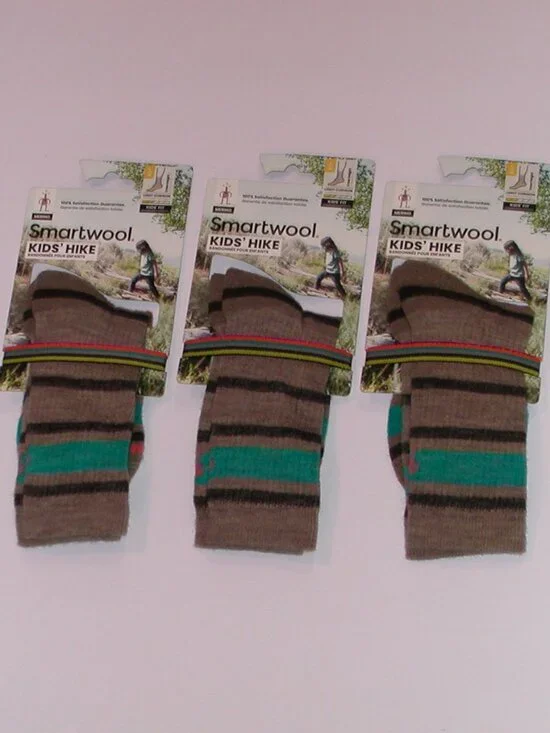 3 Pairs SmartWool Kids Hike Light Cushion Striped Crew Socks Large Fossil NWT