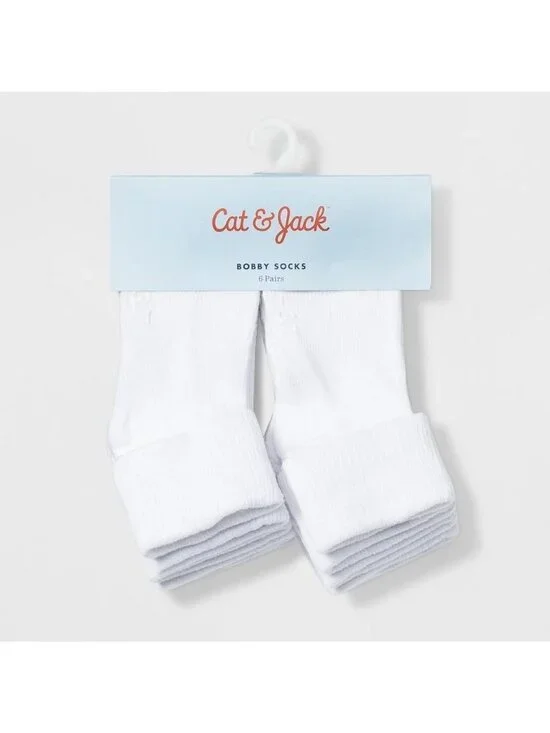 Cat & Jack Toddler 6pk Low Cut Bobby Socks  White 2T-3T: Knit, Turnback Cuf
