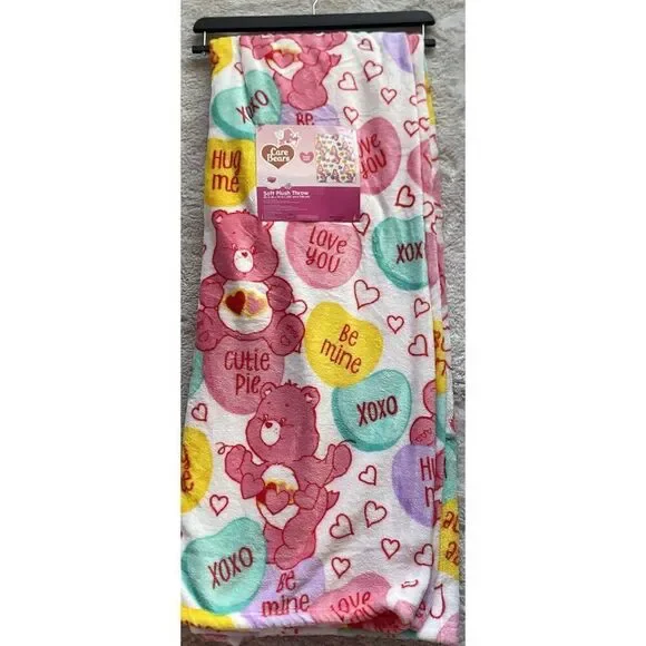 Care Bears Love A Lot Bear Throw Blanket 50 X 70” Conversation Hearts Valentines