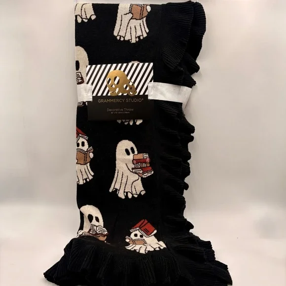 Grammercy Studio Ghost Reading Books Ruffle Blanket Black Halloween Bibliophile