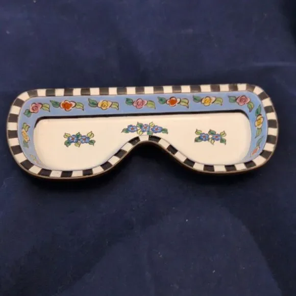 Kelvin Chen 2000 Enamel Copper Eyeglass Tray Dish Holder Checkered/ Blue Floral