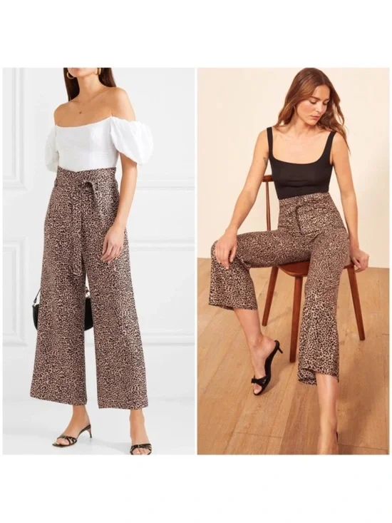 Reformation Jackie Leopard Linen Pants Size 0 High Rise Wide Leg Cropped Print