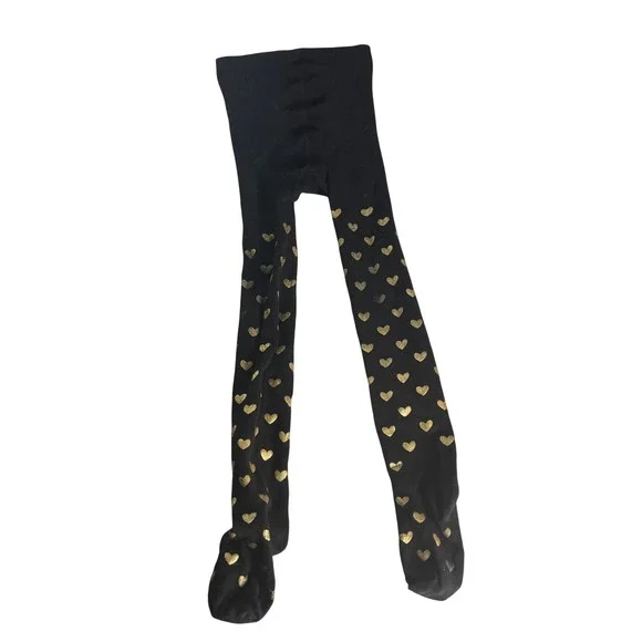 Kids Footed Tights Girls L 12-16 Black Gold Hearts Foil Footed‎ Sparkle Dance