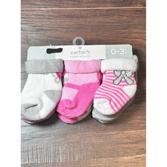 Carter's Baby Girl‎ Socks 6 Pair Pack 0-3 Months White Pink Gray Bow Stripes