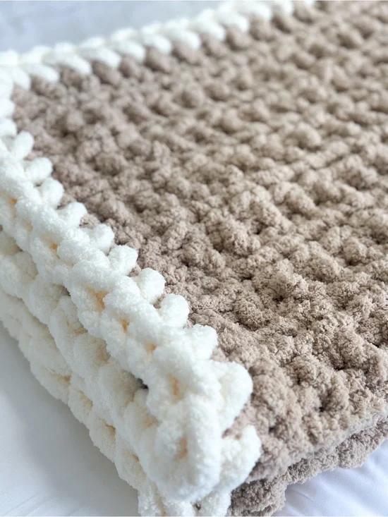 Handmade Chunky Hand-Knit Throw Blanket With Crochet Border