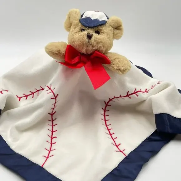 Bearington Bear Teddy Baseball Baby Lovey Blue Satin Red Stitching