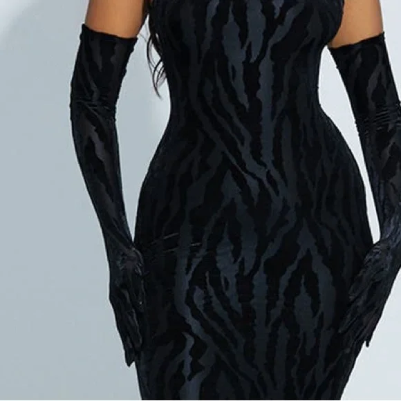NAKED WARDROBE OH SO WILD LONG TIGER PRINT VELVET GLOVES BLACK OS NWT