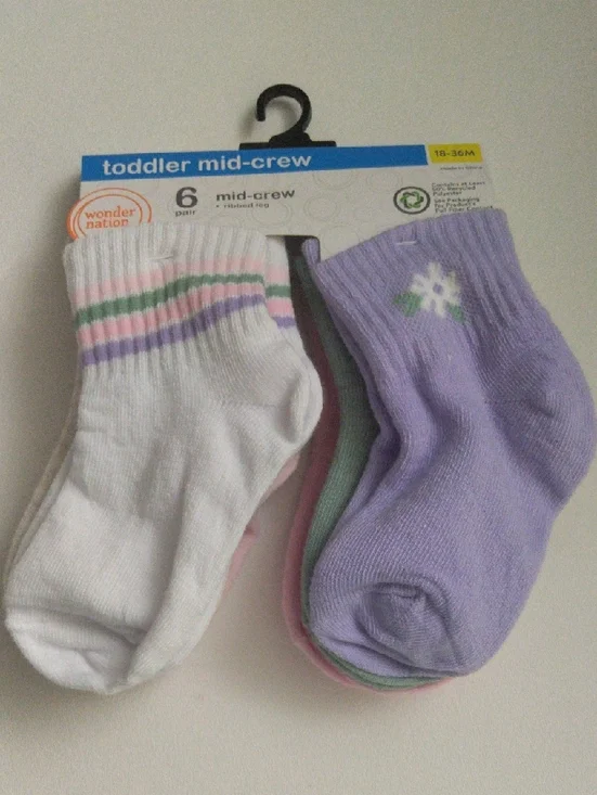 Wonder nation Toddler Girls Multi Color Socks 6 Pairs Ribbed Leg New 18-36M