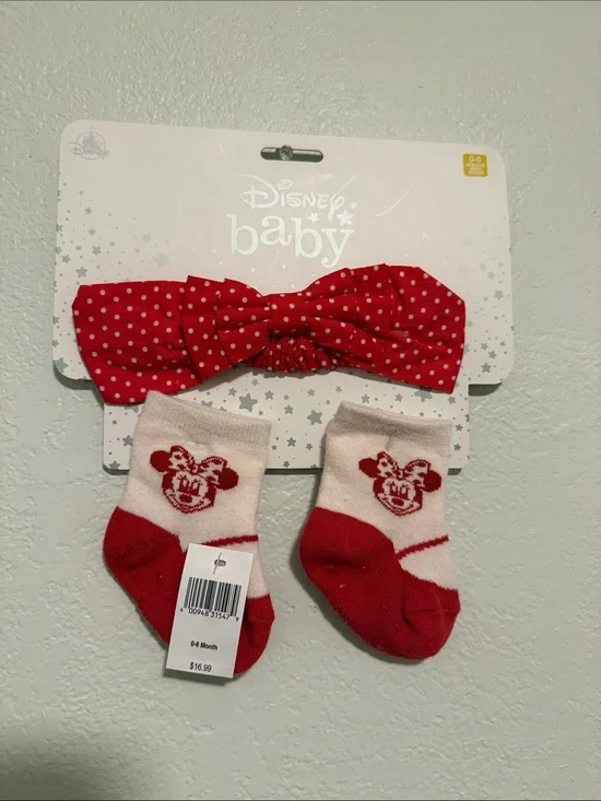 Disney Baby Red & White Minnie Polka Bow Headband with Matching Socks