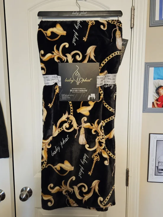 Baby Phat Black and Gold Baroque Plush Throw Blanket