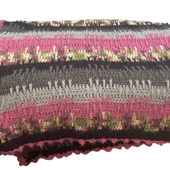 Handmade Vintage Crocheted Multicolor Stripe Blanket Acrylic Yarn Afghan Throw