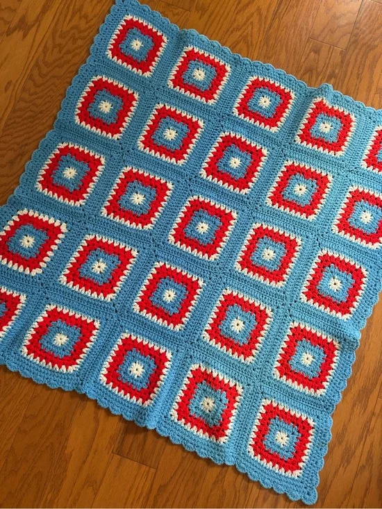 Handmade Crochet Granny Square Blanket Throw in Blue, Red & Cream 5x5