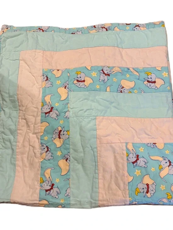 Vintage Dumbo Quilted Baby Blanket Blue White Handmade Disney