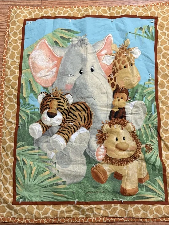 RARE HTF Vintage Jungle Babies Patty Reed Baby Quilted Blanket Nursery Animals