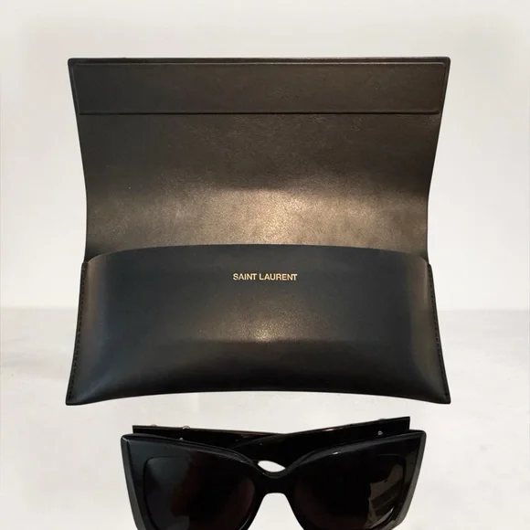 Saint Laurent Black Leather Sunglasses Pouch with Cat-Eye Shades