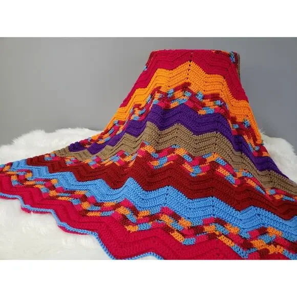 Vintage Afghan Throw blanket retro decor grandma cottage rainbow LGBT‎ colorful