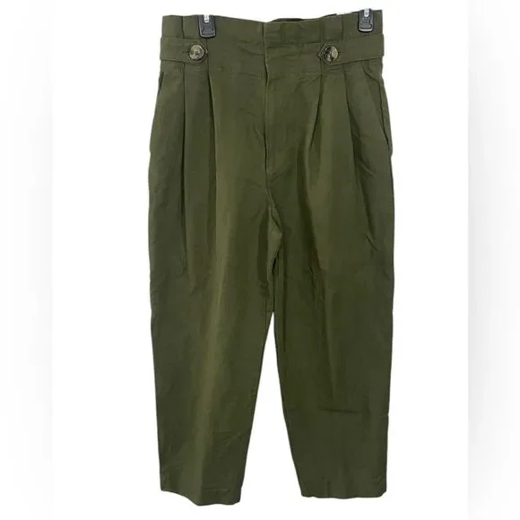 Zara Paperbag Waist Linen Blend Barrel Leg Pants Size MEDIUM Army‎ Olive Green