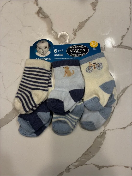 Gerber Baby Sock 6-Pack in Blue and Cream with Bike & Puppy Motifs